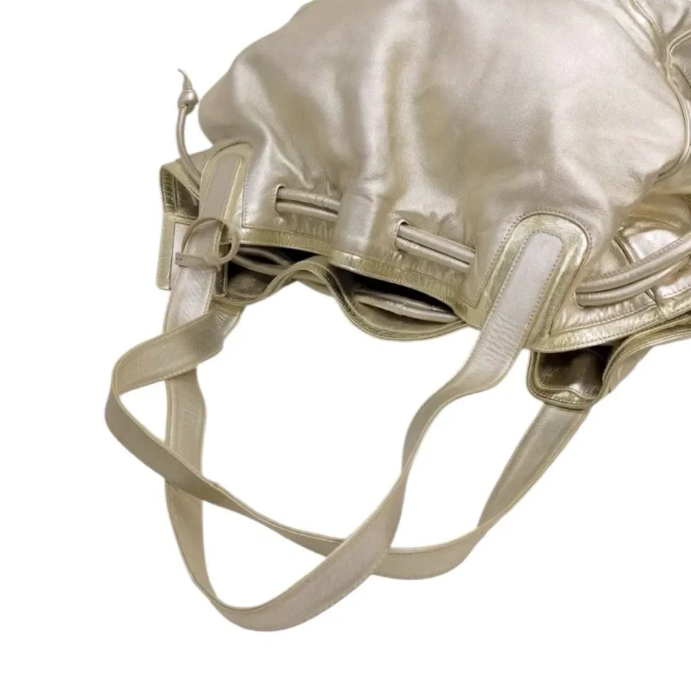 Auth Loewe Champagne Gold Leather Hobo Bucket Shoulder Bag Cinch